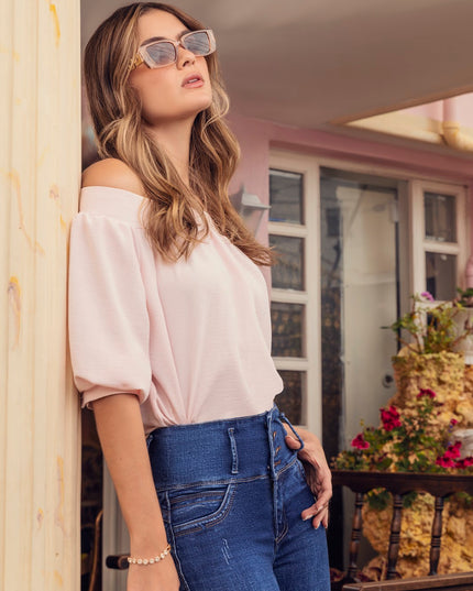Blusa Cuello Bandeja Rosa Claro Manga 3/4 - Angel Jeans
