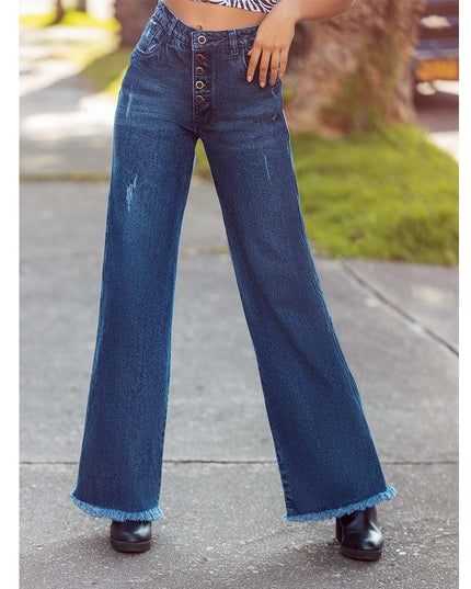 MOM JEAN BOTONES ADELANTE, BOTA ANCHA, AZUL OSCURO, CON BOLSILLOS, SIN REALCE, RIGIDO, TIRO ALTO