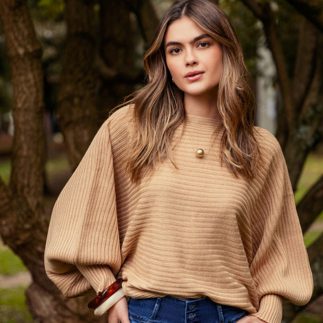 SWEATER CUELLO BANDEJA MANGA LARGA COLOR CAMEL