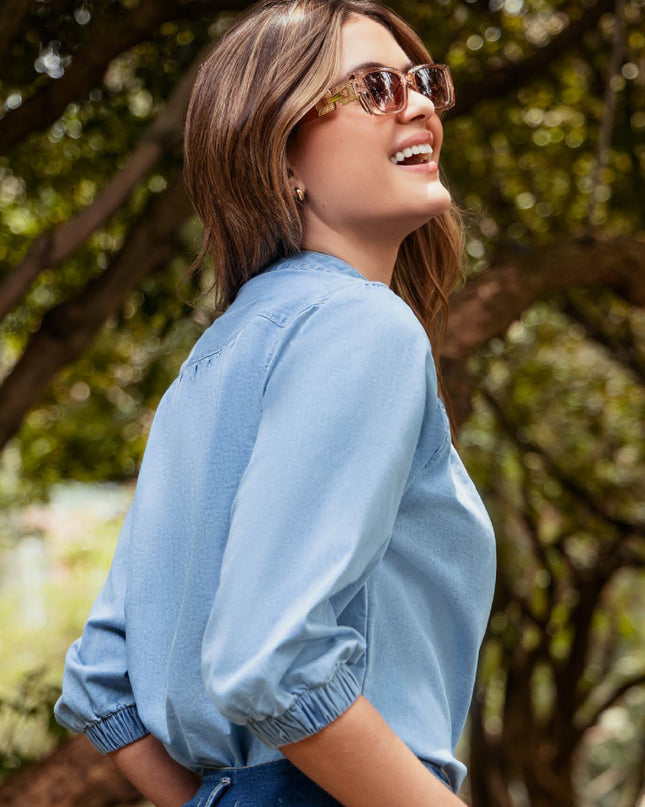 BLUSA CAMISERA MANGA 3/4 EN TELA CHAMBRAY PREMIUM