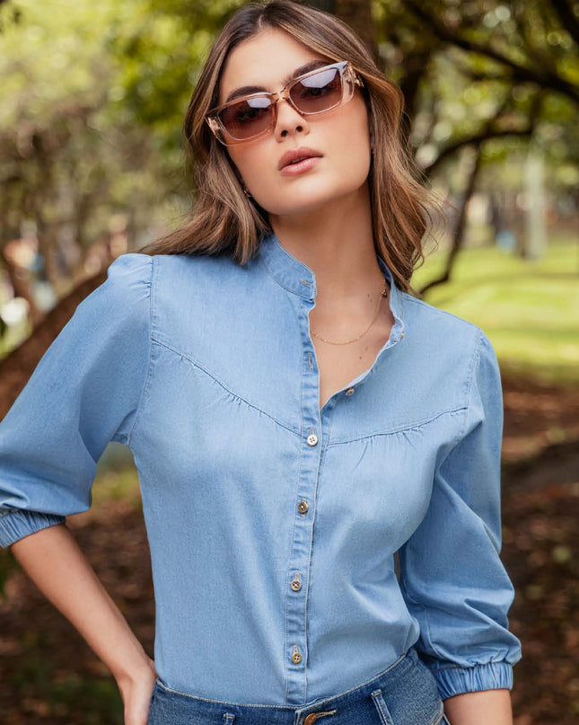 BLUSA CAMISERA MANGA 3/4 EN TELA CHAMBRAY PREMIUM