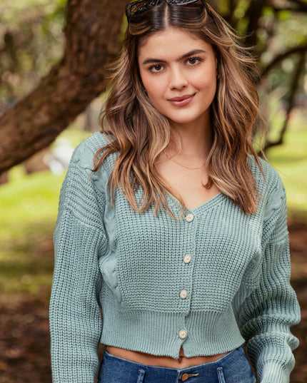 SWEATER ABIERTO CUELLO V MANGA LARGA TEJIDO COLOR VERDE PISTACHO