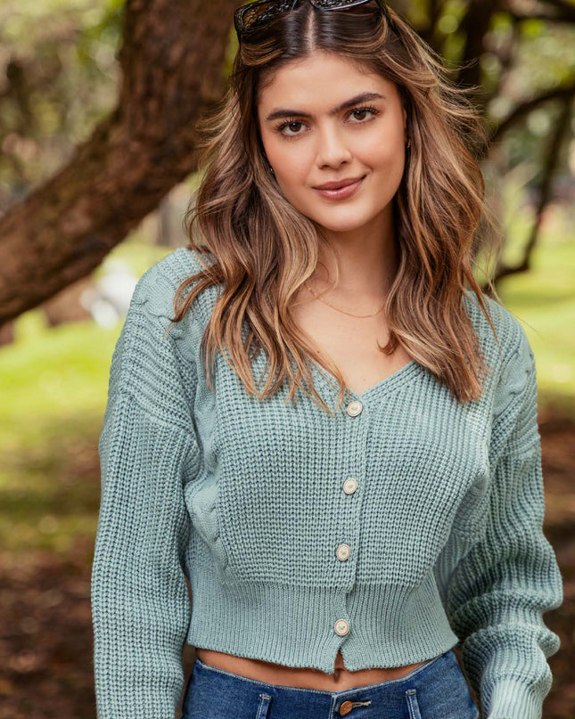 SWEATER ABIERTO CUELLO V MANGA LARGA TEJIDO COLOR VERDE PISTACHO