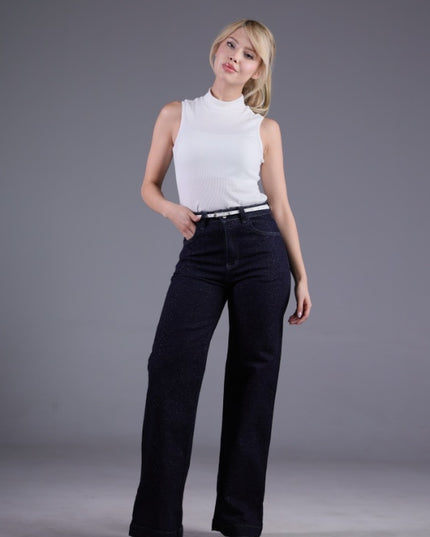 Jean Wide Angel Azul Oscuro Brillo Lurex