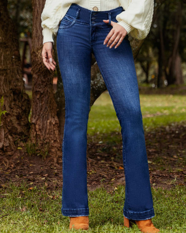 JEANS TIRO ALTO EXTRA REALCE CON BOLSILLOS BOTA SEMICAMPANA LICRADO