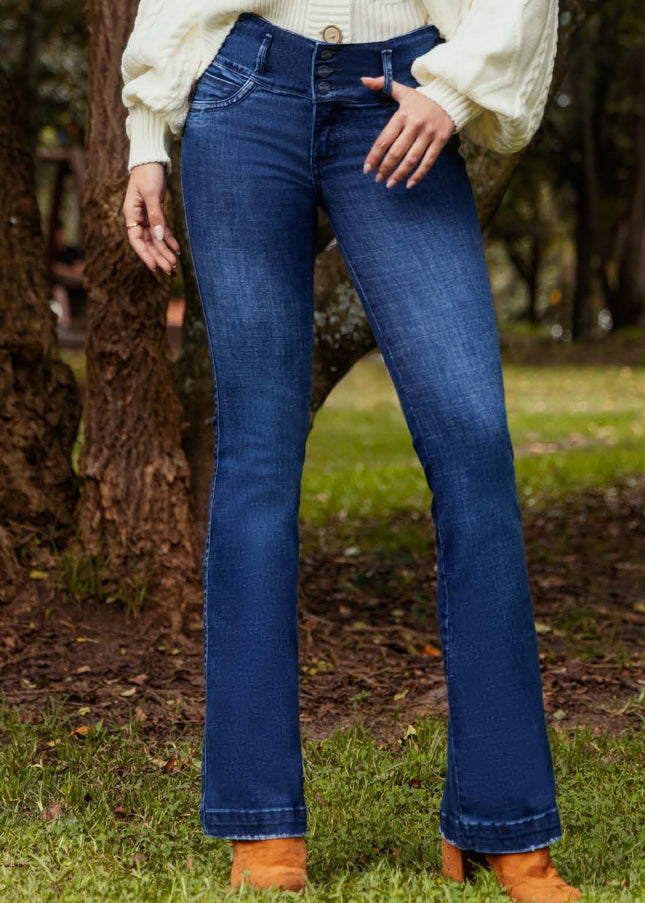 JEANS TIRO ALTO EXTRA REALCE CON BOLSILLOS BOTA SEMICAMPANA LICRADO