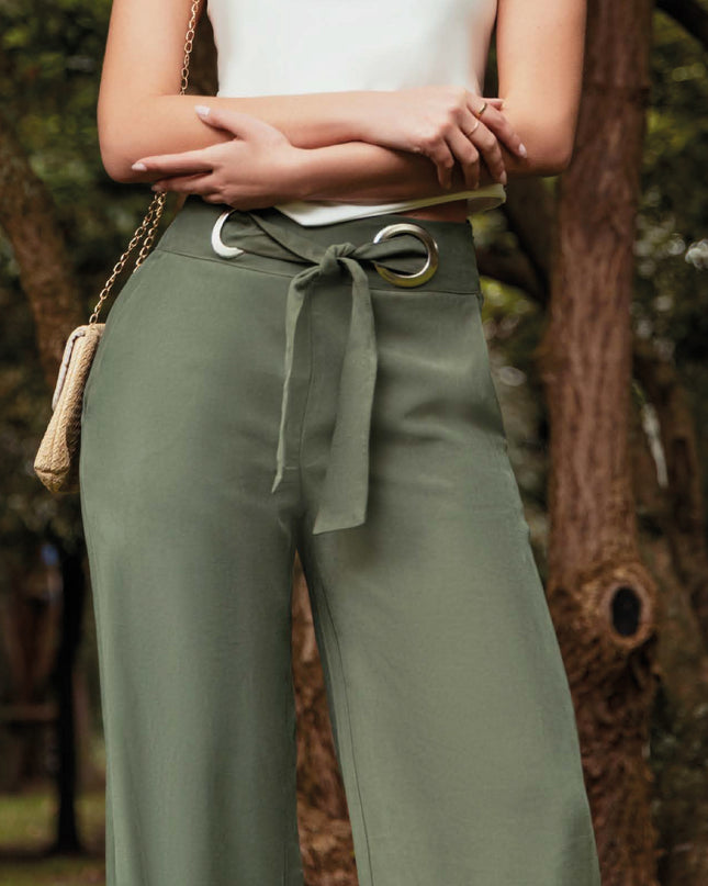 PANTALON PALAZZO TIRO ALTO VERDE OLIVA BOLSILLOS FUNCIONALES