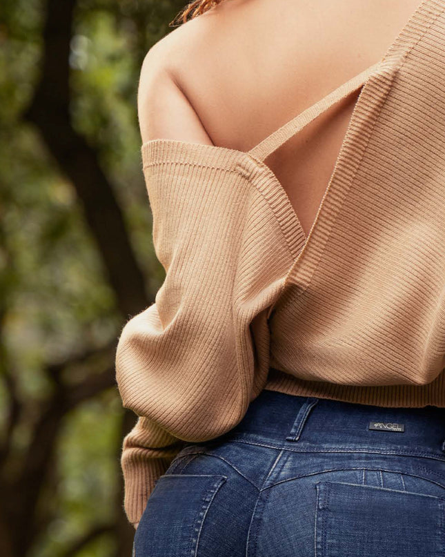 SWEATER CRUZADO ESCOTE EN V MANGA LARGA COLOR CAMEL