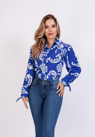 Blusa Manga Larga Estampada Azul — Colección Verano