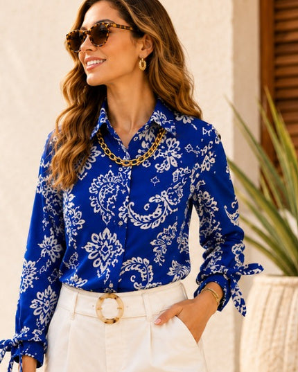 Blusa Manga Larga Estampada Azul — Colección Verano