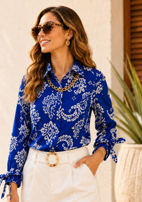 Blusa Manga Larga Estampada Azul — Colección Verano