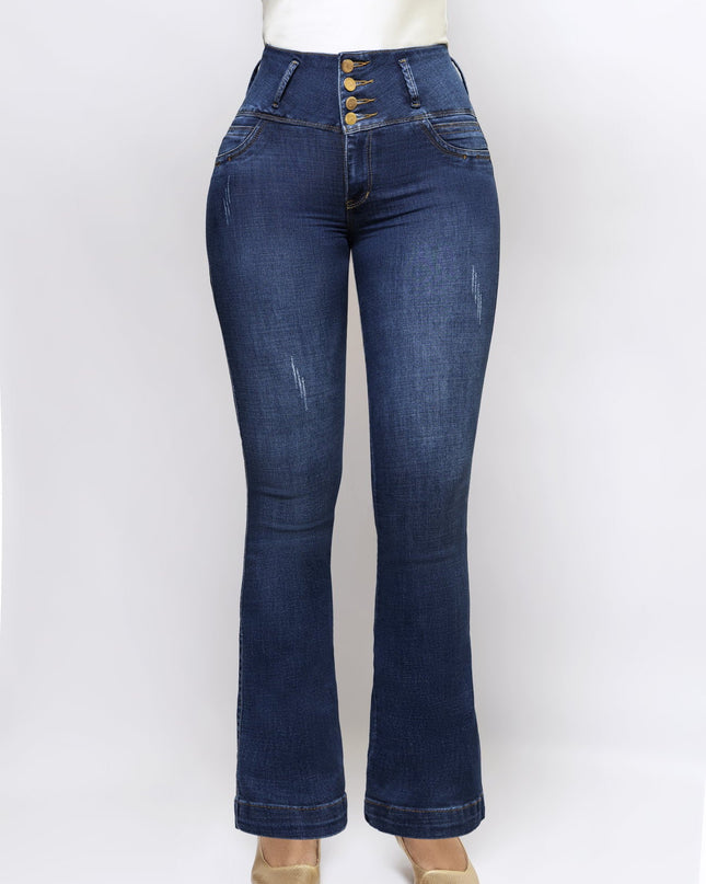 Jean Tiro Alto Extra Realce Bota Semi Campana Azul Medio - vista frontal con pretina anatomica