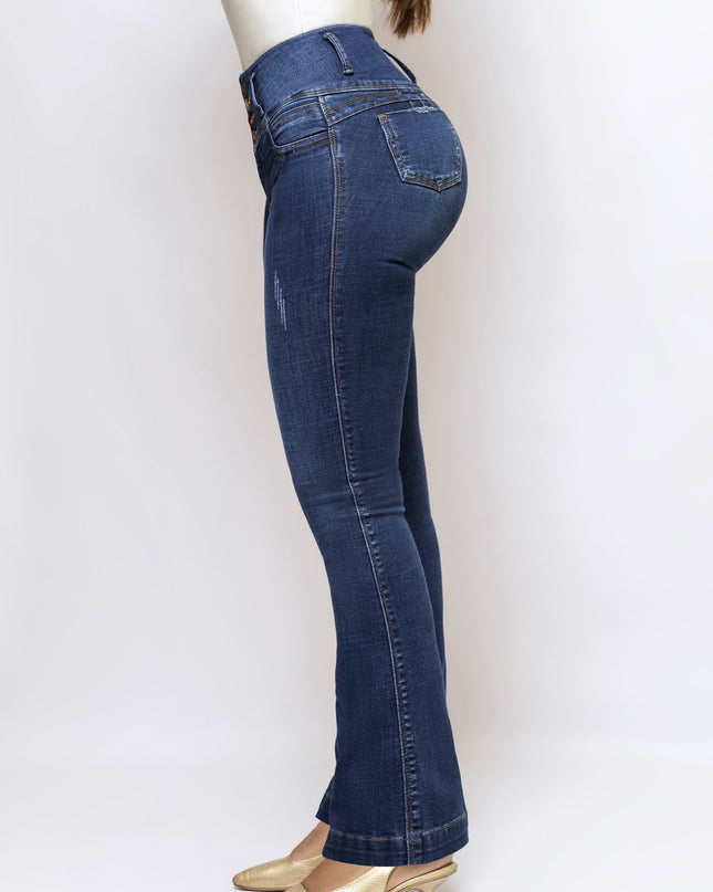 Jean Tiro Alto Extra Realce Bota Semi Campana Azul Medio - vista tres cuartos