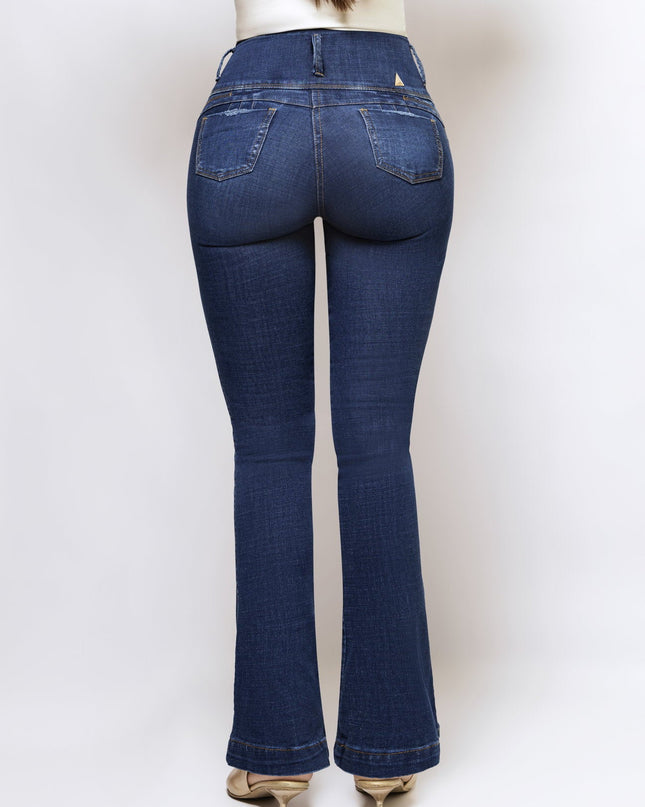 Jean Tiro Alto Extra Realce Bota Semi Campana Azul Medio - vista posterior efecto levantacola