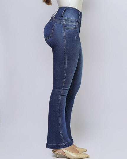 Jean Tiro Alto Extra Realce Bota Semi Campana Azul Medio - vista de perfil bota campana
