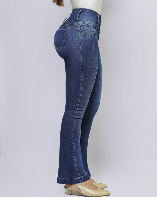 Jean Tiro Alto Extra Realce Bota Semi Campana Azul Medio - vista de perfil bota campana