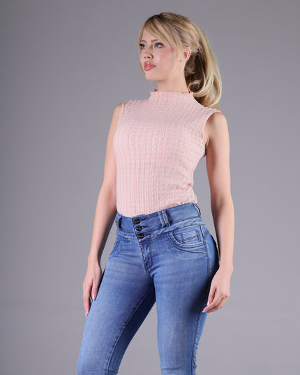 Angel Jeans Jean Campana Tiro Alto Extra Realce Azul Claro Denim Licrado