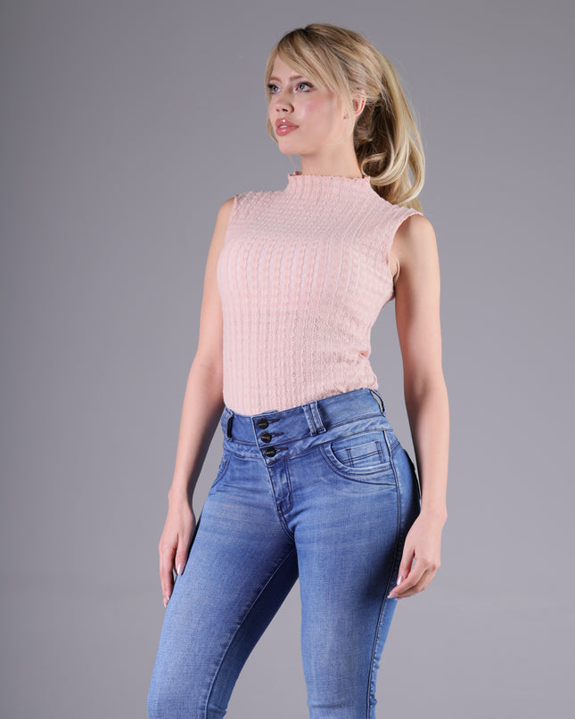 Angel Jeans Jean Campana Tiro Alto Extra Realce Azul Claro Denim Licrado