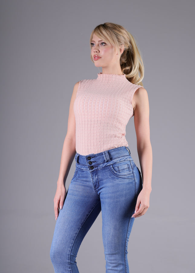 Blusa Cuello Alto Rosa Manga Rodada