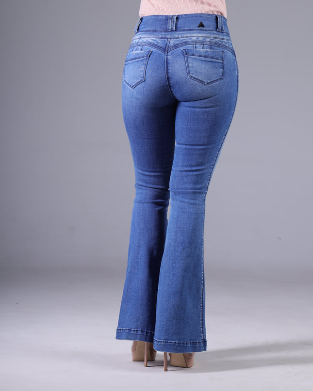 Angel Jeans Jean Campana Tiro Alto Extra Realce Azul Claro Denim Licrado
