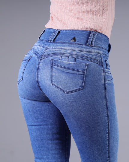 Angel Jeans Jean Campana Tiro Alto Extra Realce Azul Claro Denim Licrado