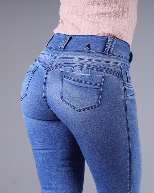 Angel Jeans Jean Campana Tiro Alto Extra Realce Azul Claro Denim Licrado