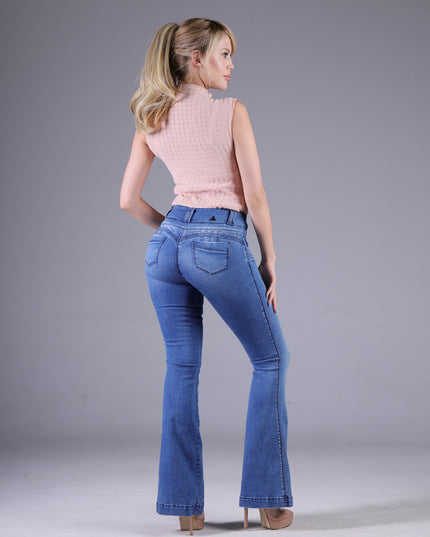 Angel Jeans Jean Campana Tiro Alto Extra Realce Azul Claro Denim Licrado