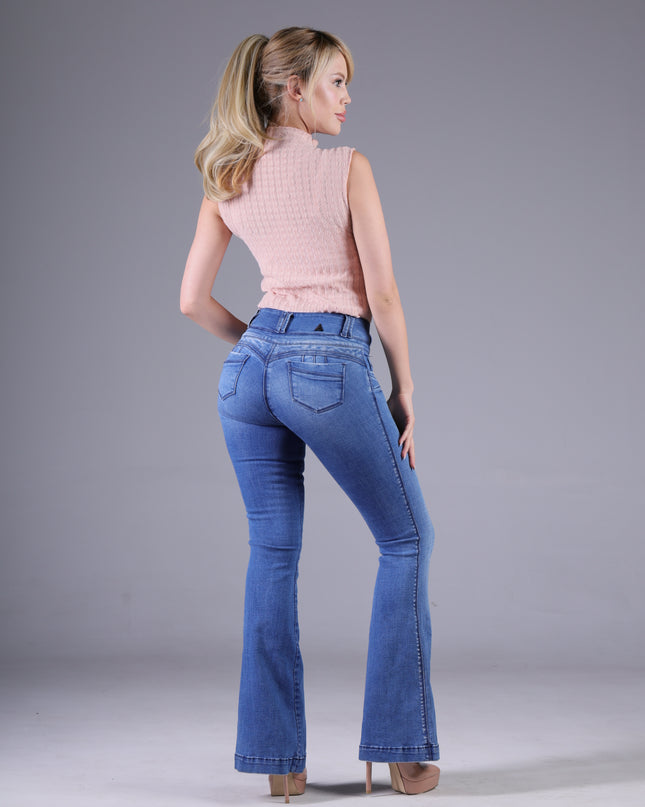 Angel Jeans Jean Campana Tiro Alto Extra Realce Azul Claro Denim Licrado