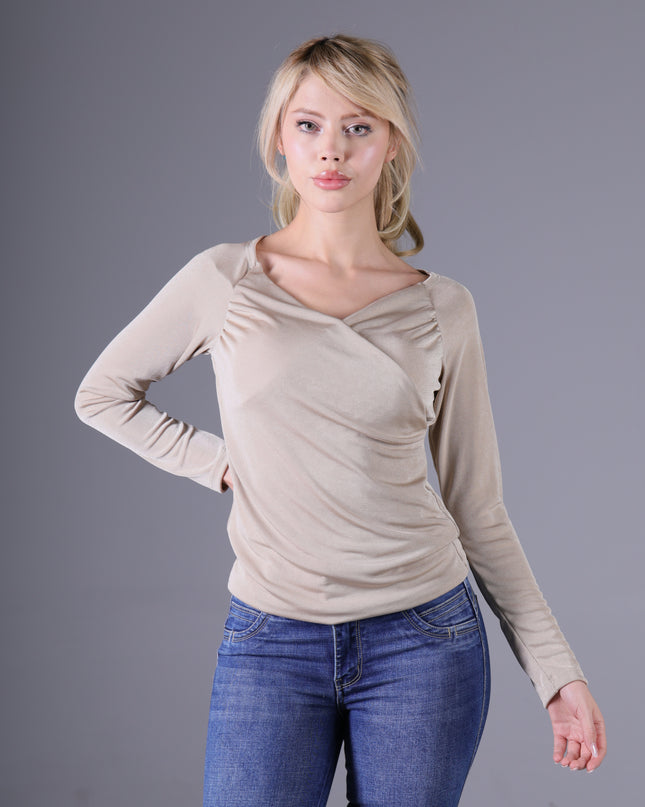 Blusa Escote Cruzado Habano Claro Manga Larga