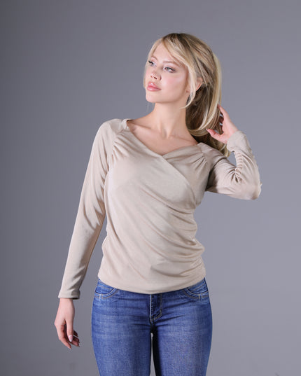 Blusa Escote Cruzado Habano Claro Manga Larga