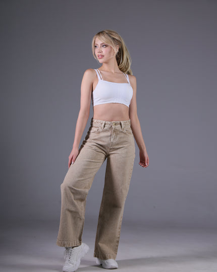 Angel Jeans Jean Wide Leg Tiro Alto Arena Denim Rígido