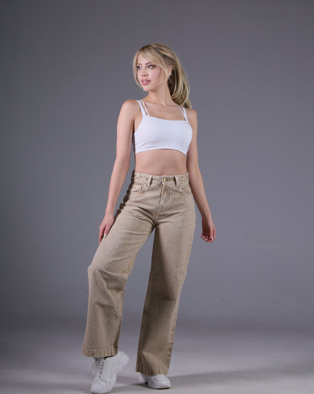 Angel Jeans Jean Wide Leg Tiro Alto Arena Denim Rígido