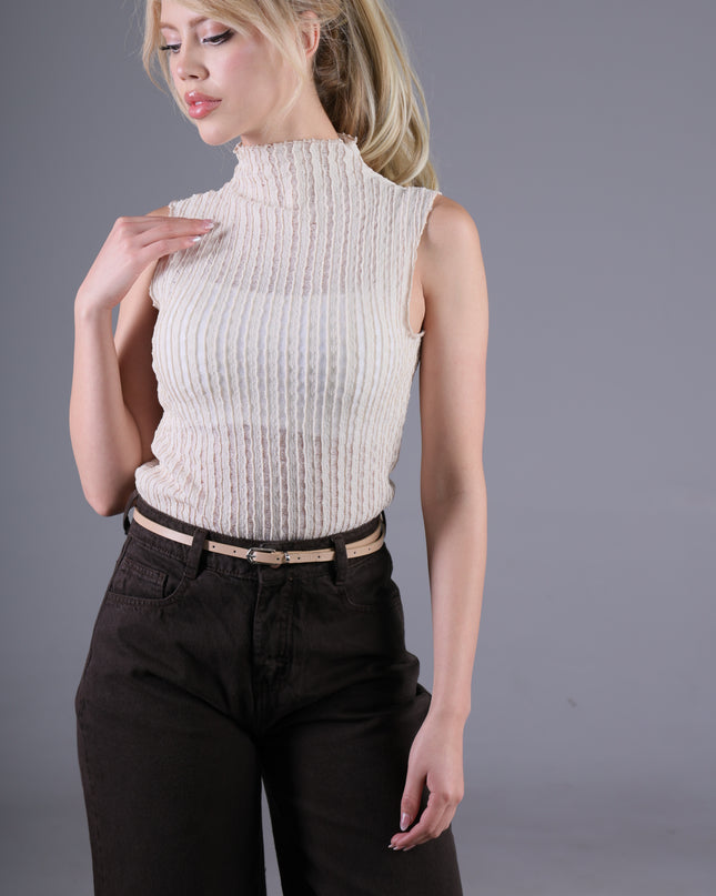 Blusa Cuello Alto Natural Manga Rodada