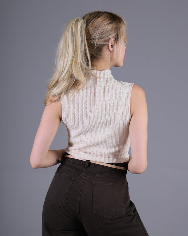 Blusa Cuello Alto Natural Manga Rodada