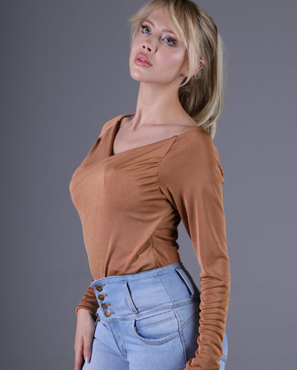 Blusa Escote Cruzado Manga Larga en Tejido de Punto