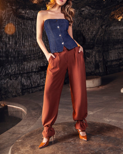 Blusa Strapless Denim con Entalle y Botones Azul Industry