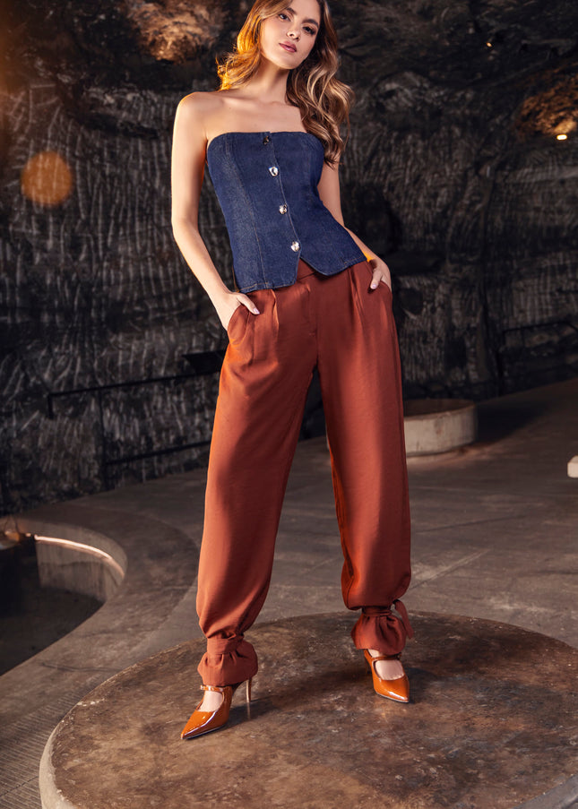Blusa Strapless Denim con Entalle y Botones Azul Industry