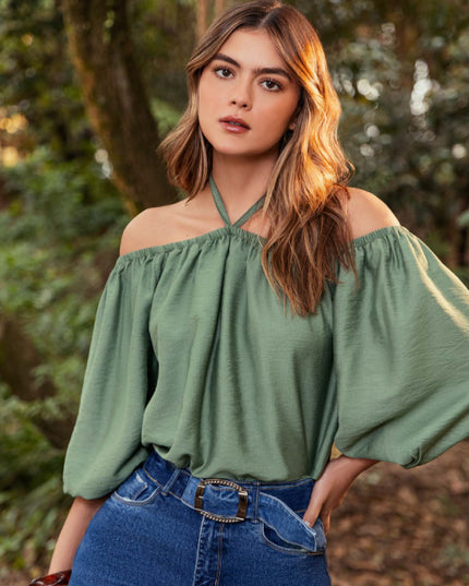 BLUSA ESCOTE BANDEJA MANGA LARGA COLOR VERDE PISTACHO