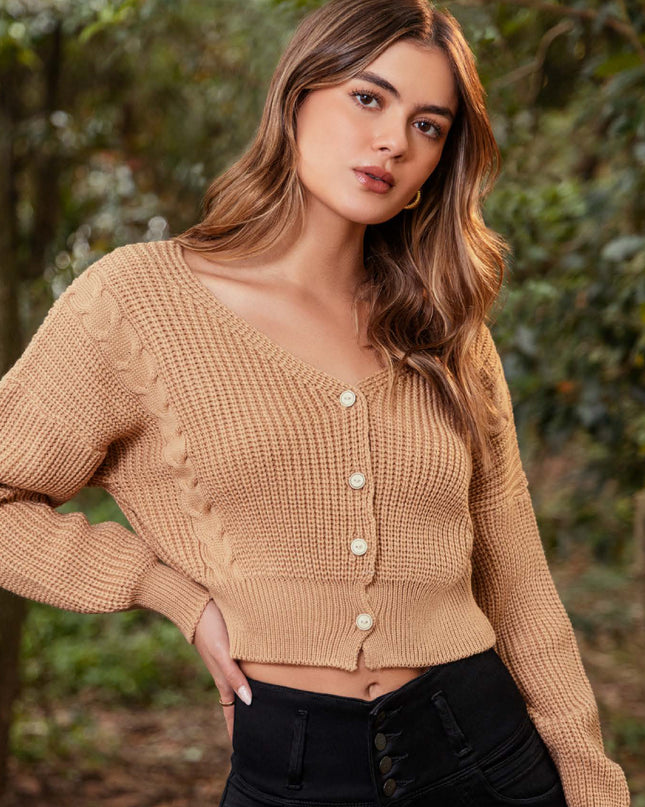 SWEATER ABIERTO CUELLO EN V MANGA LARGA TEJIDO COLOR CAMEL