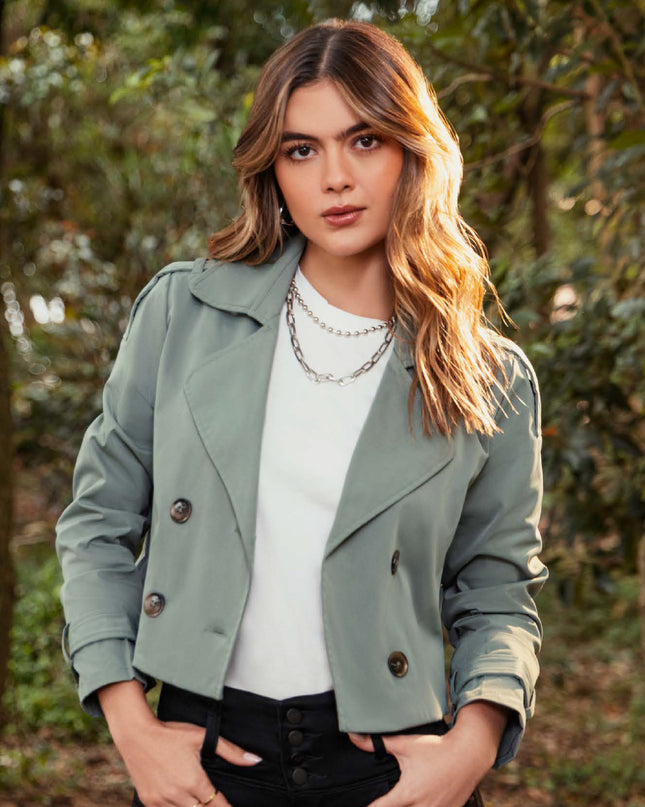 CHAQUETA TRENCH CORTA MANGA LARGA COLO VERDE HOJA SECA