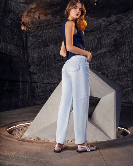 Jean Barrel Tiro Alto con Bolsillos Azul Frost Claro
