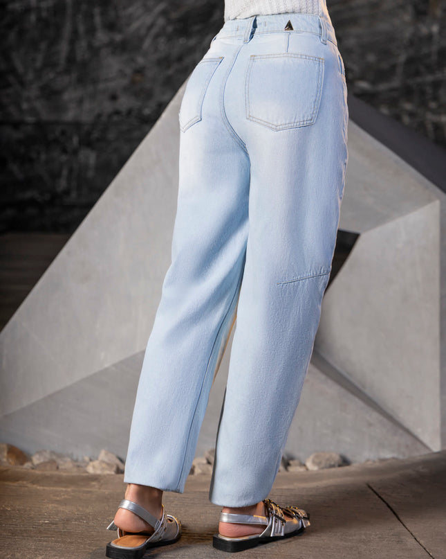 Jean Barrel Tiro Alto con Bolsillos Azul Frost Claro