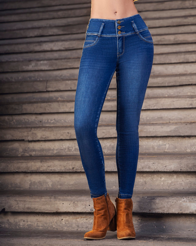 Jean Skinny Tiro Medio Extra Realce Pretina Anatómica 3 Botones Azul Industry