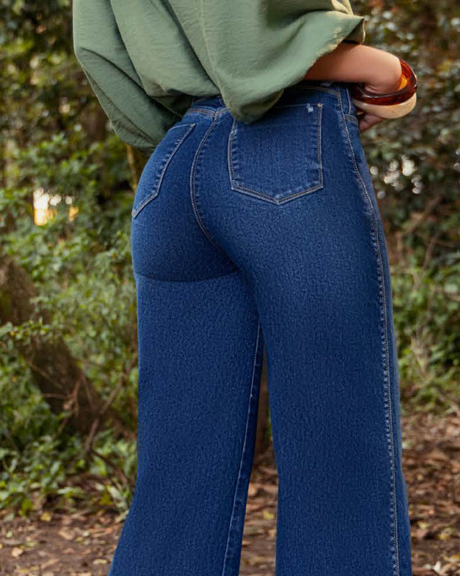 JEANS WIDE TIRO ALTO CON BOLSILLOS DENIM RIGIDO PREMIUM